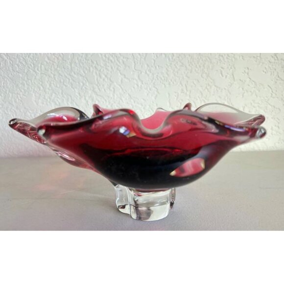 Vintage Bohemia Crystal Red & Clear Art Glass Bowl Made In Czechoslovakia Ruffle - Picture 7 of 9